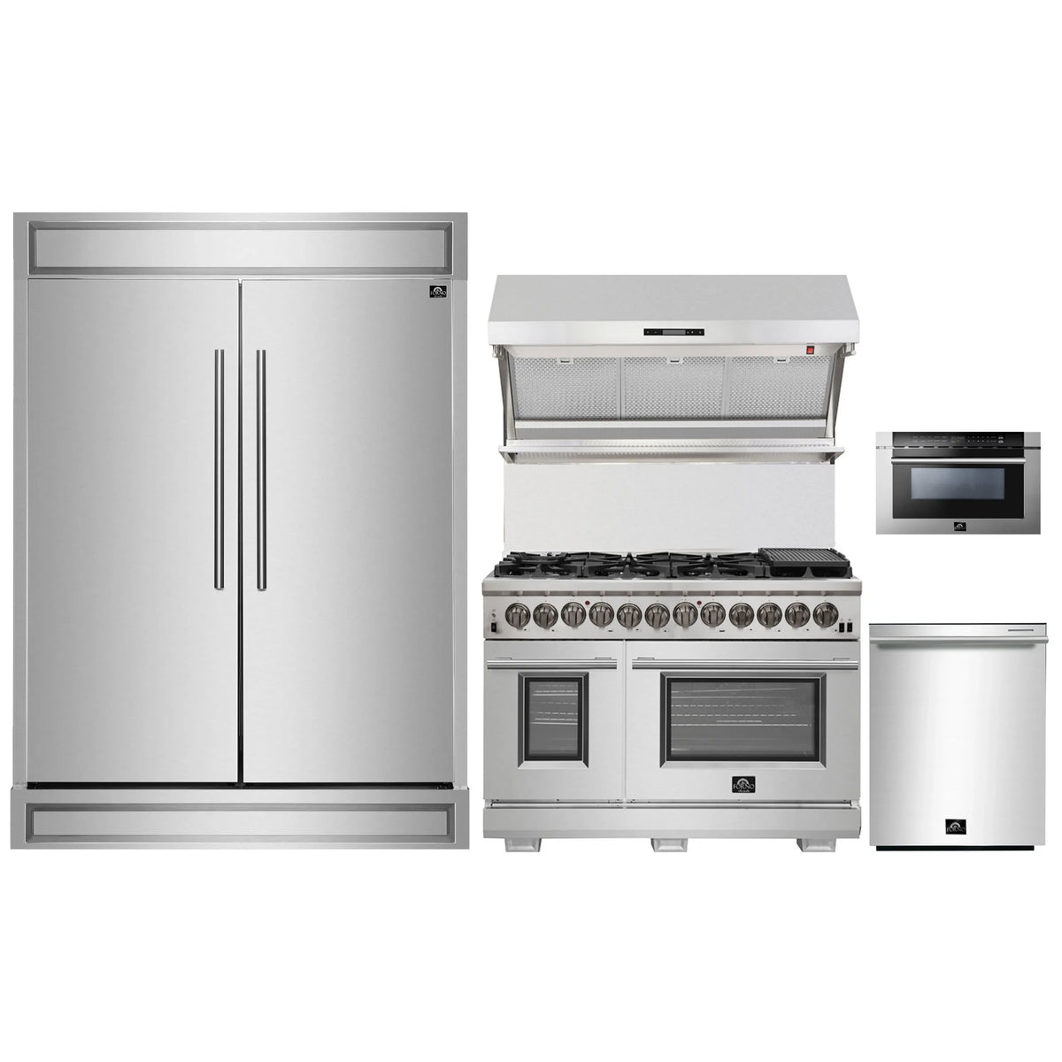 Forno 5-Piece Pro Appliance Package - 48-Inch Dual Fuel Range, 60-Inch Pro-Style Refrigerator, Wall Mount Hood with Backsplash, 24-Inch Microwave Drawer, & 3-Rack Dishwasher in Stainless Steel