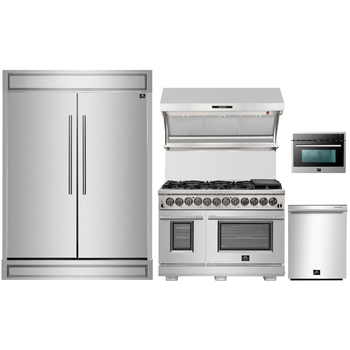 Forno 5-Piece Pro Appliance Package - 48-Inch Dual Fuel Range, 60-Inch Pro-Style Refrigerator, Wall Mount Hood with Backsplash, 24-Inch Microwave Oven, & 3-Rack Dishwasher in Stainless Steel