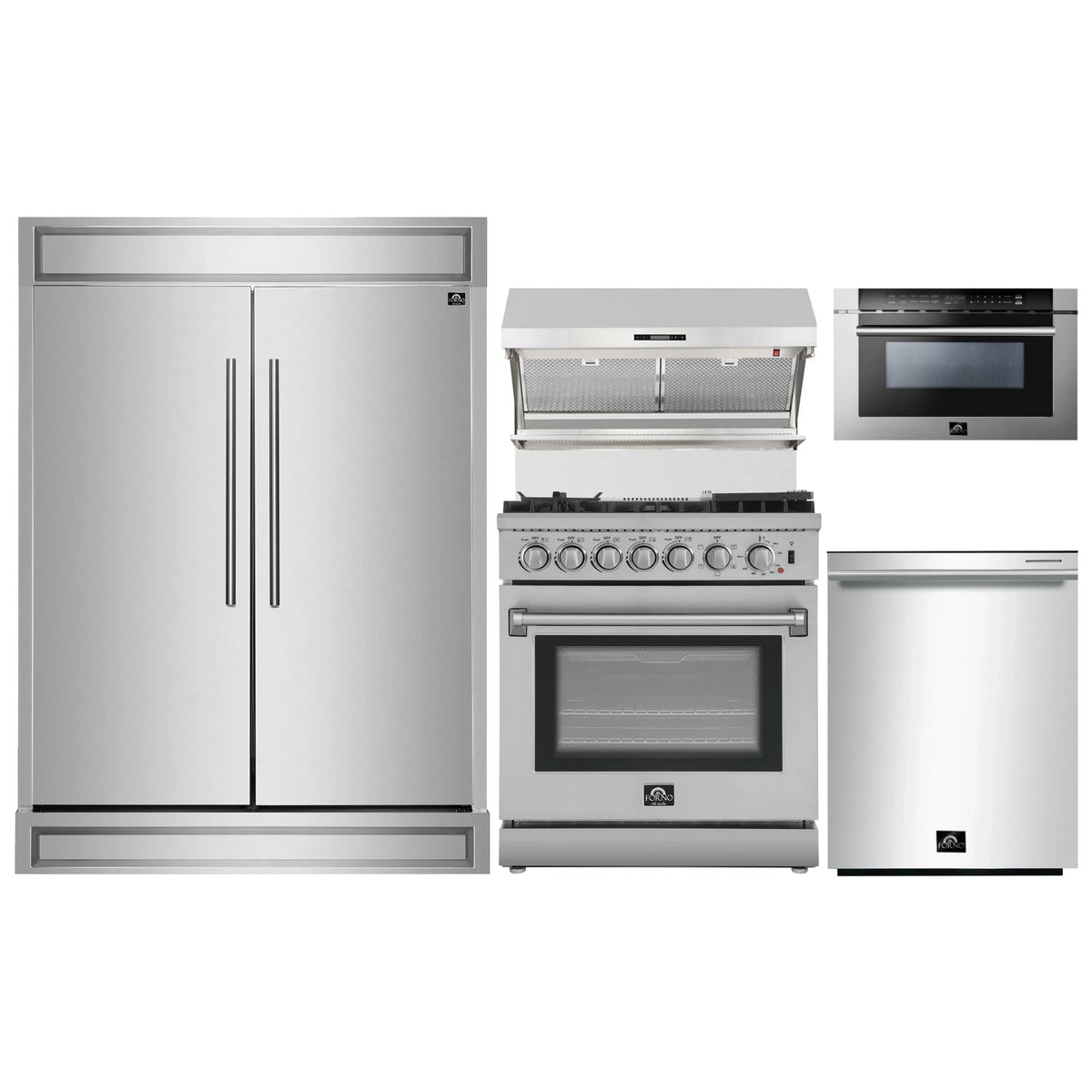 Forno 5-Piece Appliance Package - 30-Inch Dual Fuel Range with Air Fryer, 60-Inch Pro-Style Refrigerator, Wall Mount Hood with Backsplash, 24-Inch Microwave Drawer, & 3-Rack Dishwasher in Stainless Steel