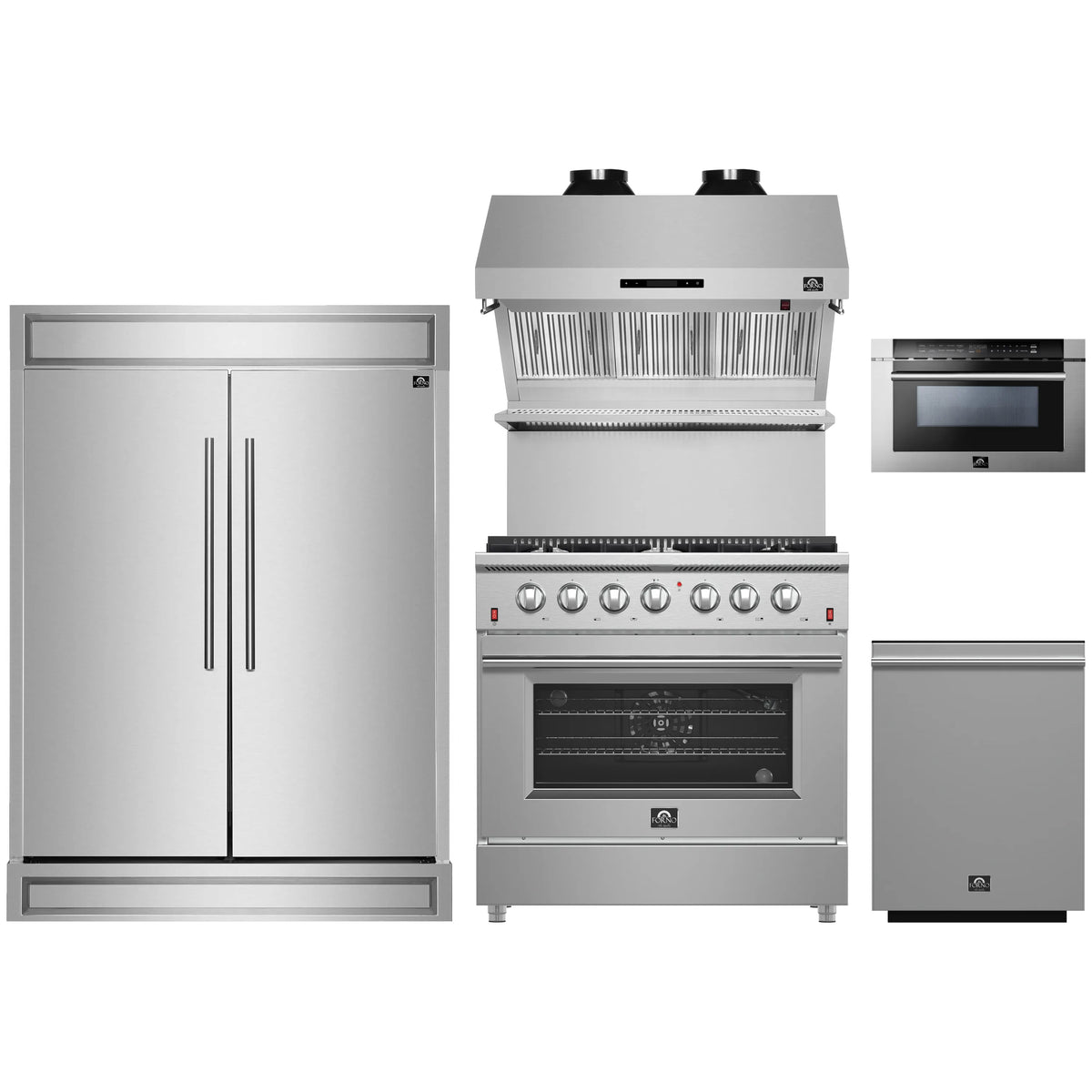 Forno 5-Piece Appliance Package - 36-Inch Gas Range, 60-Inch Pro-Style Refrigerator, Wall Mount Hood with Backsplash, 24-Inch Microwave Drawer, & 3-Rack Dishwasher in Stainless Steel