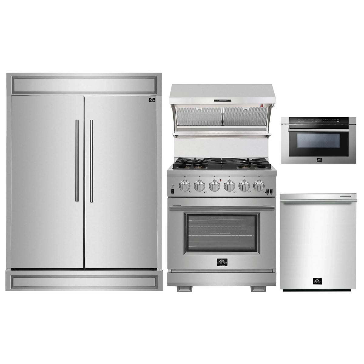 Forno 5-Piece Pro Appliance Package - 30-Inch Gas Range, 60-Inch Pro-Style Refrigerator, Wall Mount Hood with Backsplash, 24-Inch Microwave Drawer, & 3-Rack Dishwasher in Stainless Steel