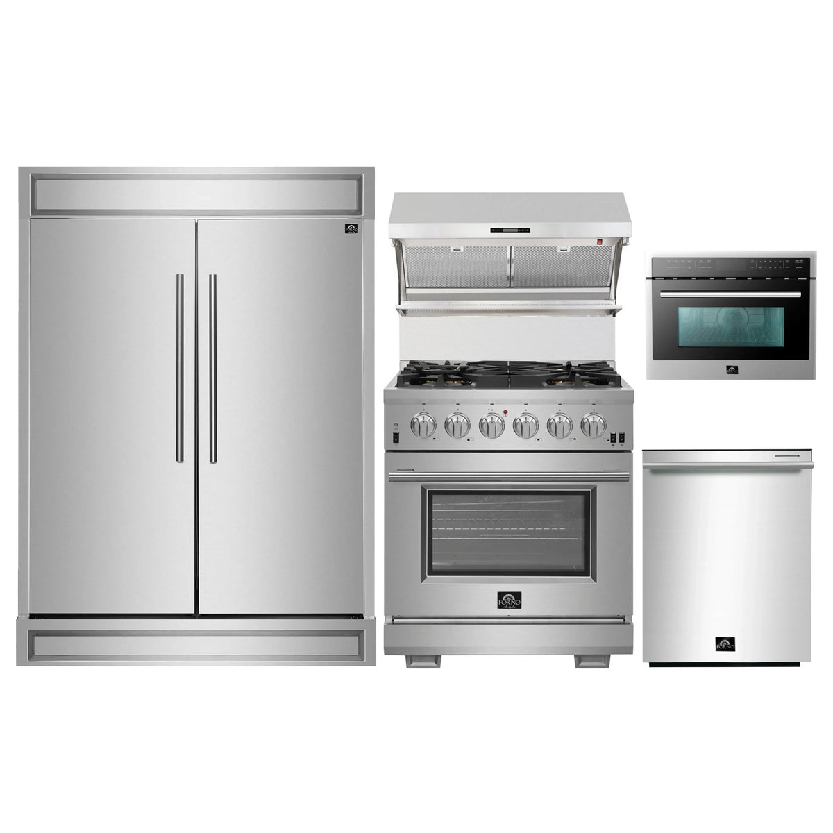 Forno 5-Piece Pro Appliance Package - 30-Inch Gas Range, 60-Inch Pro-Style Refrigerator, Wall Mount Hood with Backsplash, 24-Inch Microwave Oven, & 3-Rack Dishwasher in Stainless Steel