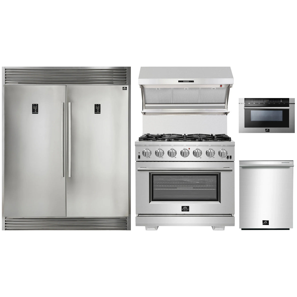 Forno 5-Piece Pro Appliance Package - 36-Inch Gas Range, 60-Inch Pro-Style Refrigerator, Wall Mount Hood with Backsplash, 24-Inch Microwave Drawer, & 3-Rack Dishwasher in Stainless Steel