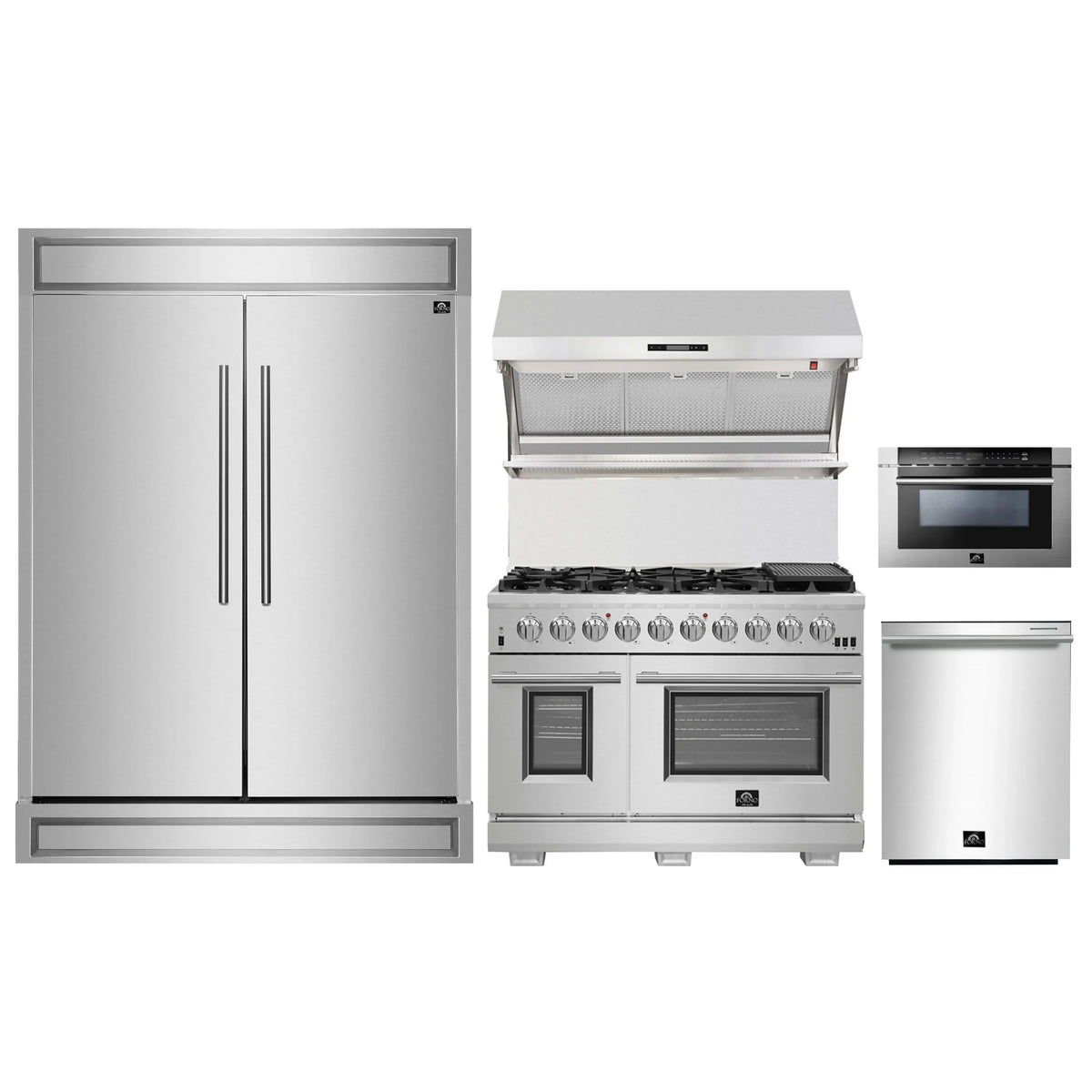 Forno 5-Piece Pro Appliance Package - 48-Inch Gas Range, 60-Inch Pro-Style Refrigerator, Wall Mount Hood with Backsplash, 24-Inch Microwave Drawer, & 3-Rack Dishwasher in Stainless Steel