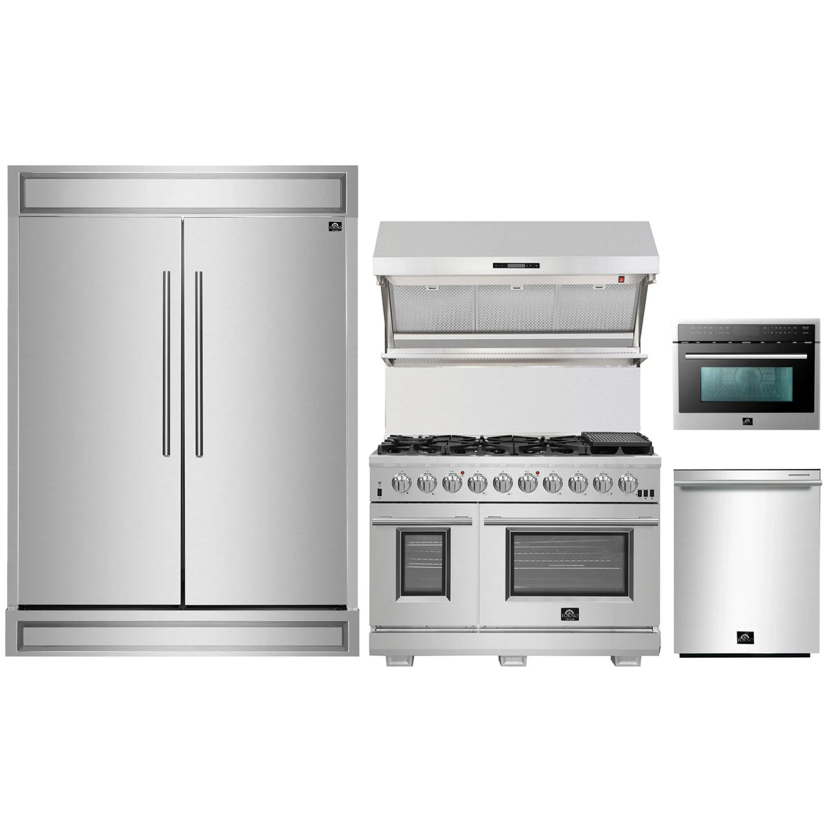 Forno 5-Piece Pro Appliance Package - 48-Inch Gas Range, 60-Inch Pro-Style Refrigerator, Wall Mount Hood with Backsplash, 24-Inch Microwave Oven, & 3-Rack Dishwasher in Stainless Steel