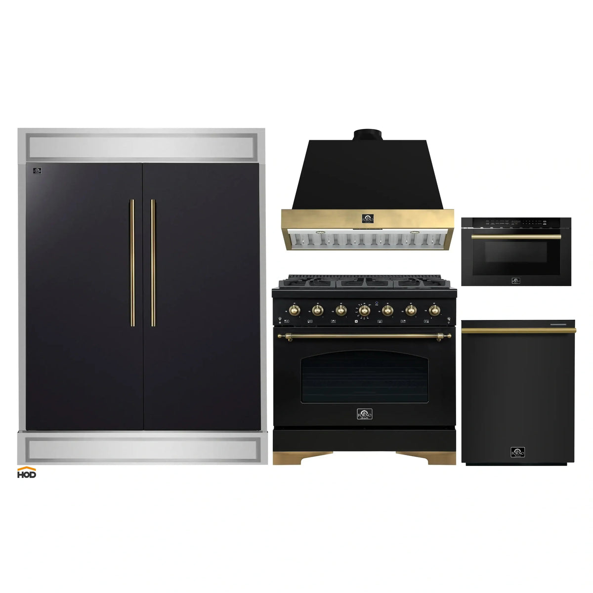 Forno 5-Piece Appliance Package - 36-Inch Dual Fuel Range, Wall Mount Range Hood, 60-Inch Convertible Refrigerator with Modern Trim, Dishwasher, and 24-Inch Microwave Drawer in Black with Antique Brass Trim