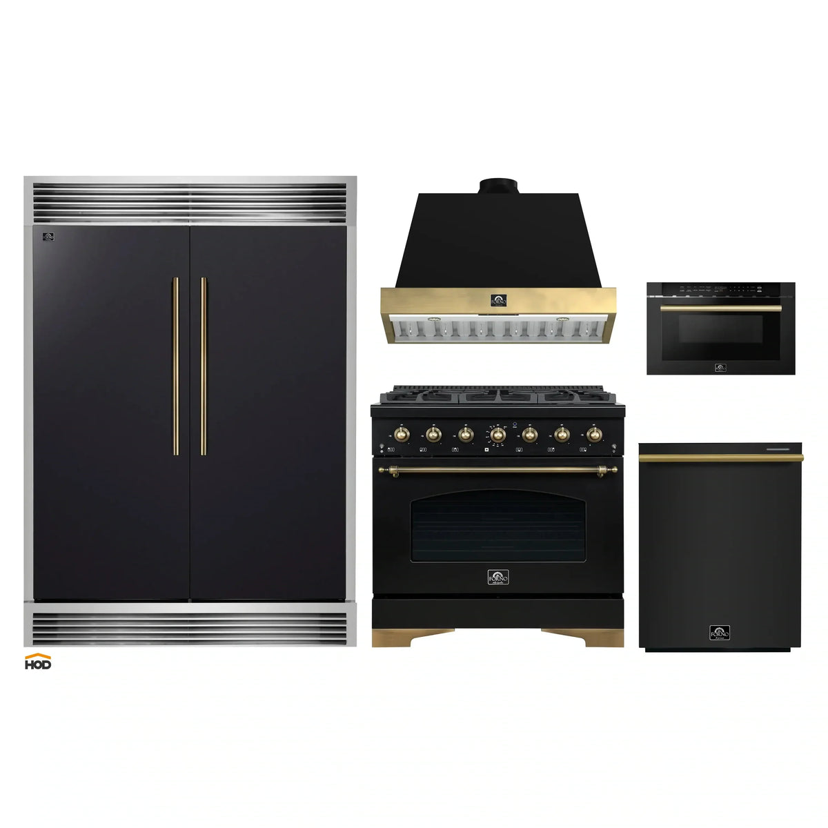 Forno 5-Piece Appliance Package - 36-Inch Dual Fuel Range, Wall Mount Range Hood, 60-Inch Convertible Refrigerator with Modern Grille Trim, Dishwasher, and 24-Inch Microwave Drawer in Black with Antique Brass Trim
