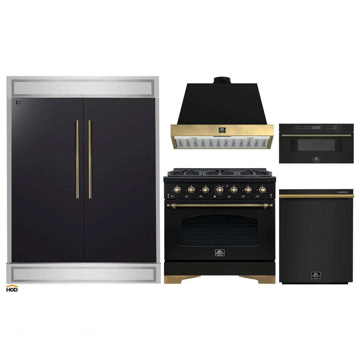 Forno 5-Piece Appliance Package - 36-Inch Dual Fuel Range, Wall Mount Range Hood, 60-Inch Convertible Refrigerator with Modern Trim, Dishwasher, and 30-Inch Microwave Drawer in Black with Antique Brass Trim
