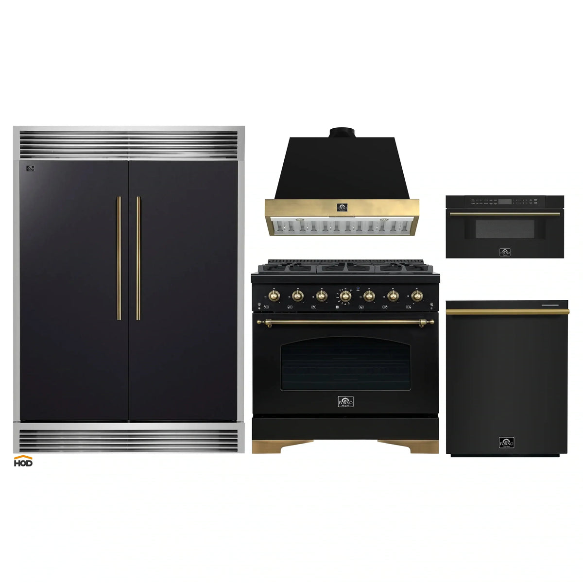 Forno 5-Piece Appliance Package - 36-Inch Dual Fuel Range, Wall Mount Range Hood, 60-Inch Convertible Refrigerator with Modern Grille Trim, Dishwasher, and 30-Inch Microwave Drawer in Black with Antique Brass Trim