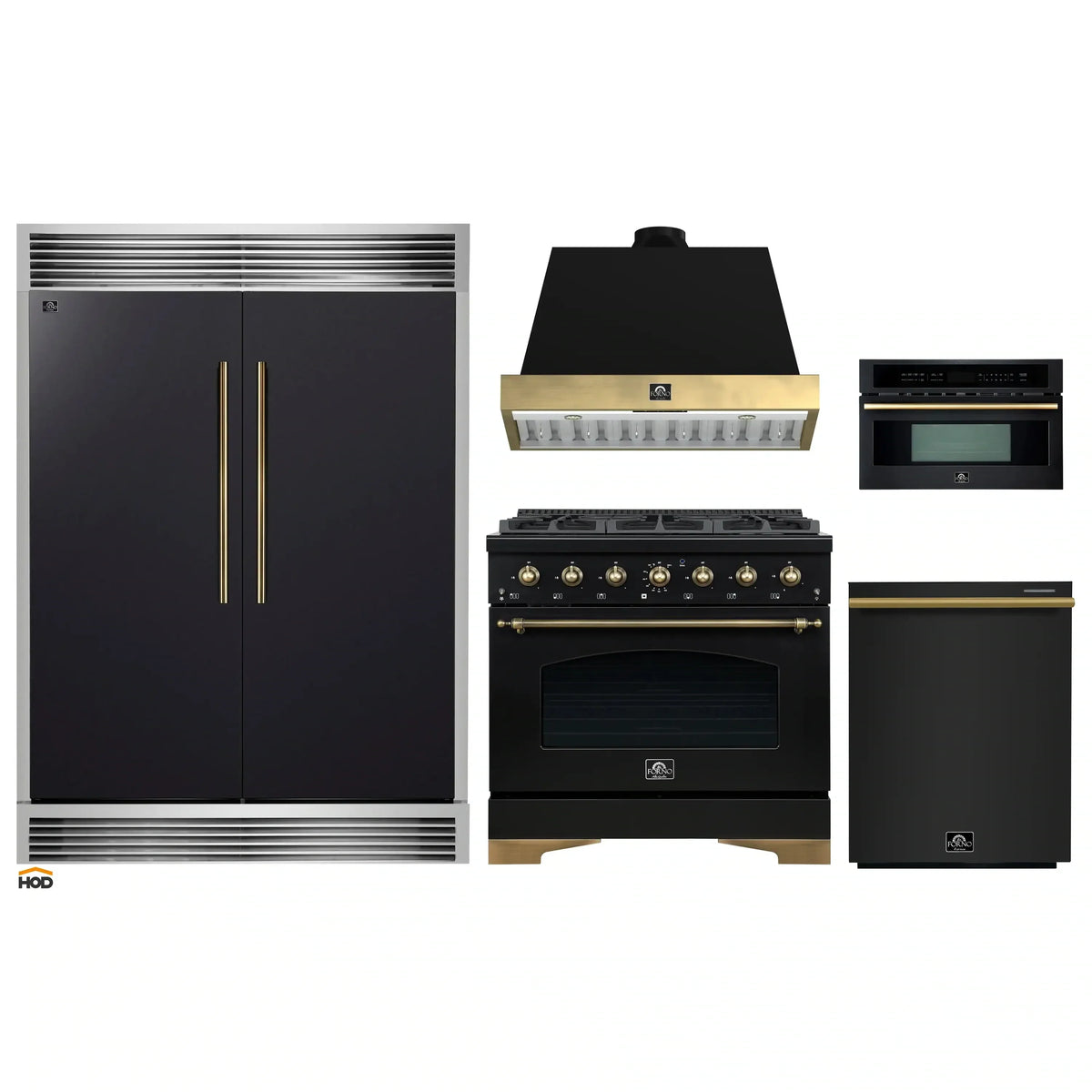 Forno 5-Piece Appliance Package - 36-Inch Dual Fuel Range, Wall Mount Range Hood, 60-Inch Convertible Refrigerator with Modern Grille Trim, Dishwasher, and 30-Inch Microwave Oven in Black with Antique Brass Trim