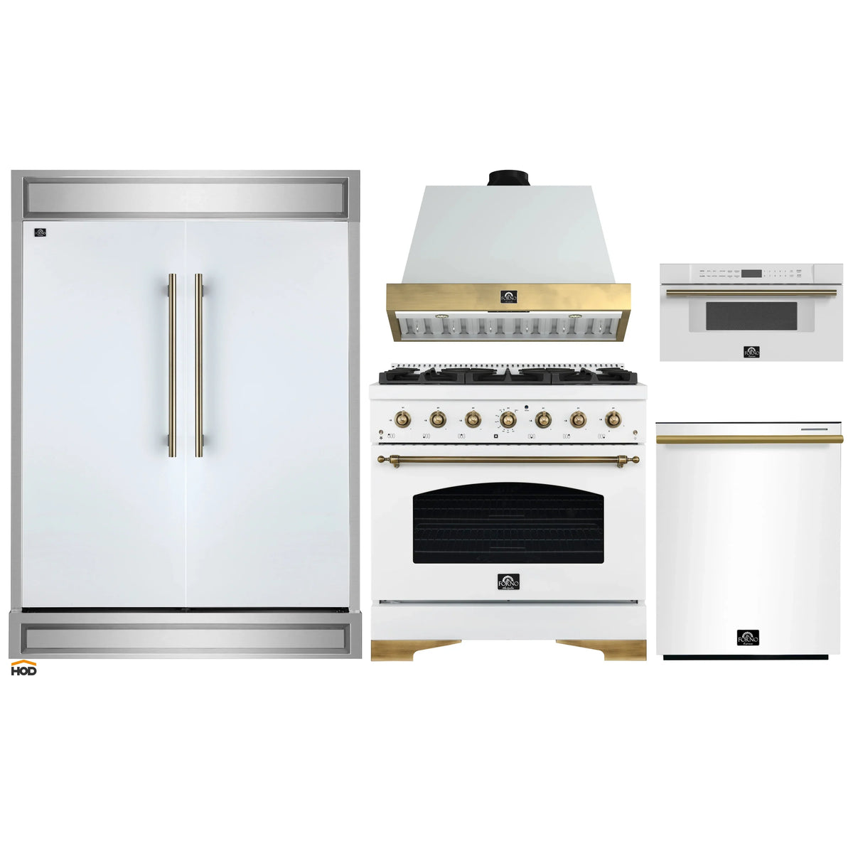 Forno 5-Piece Appliance Package - 36-Inch Antico Dual Fuel Range, Wall Mount Range Hood, 60-Inch Refrigerator, Dishwasher, & 30-Inch Microwave Drawer in White with Antique Brass Trim