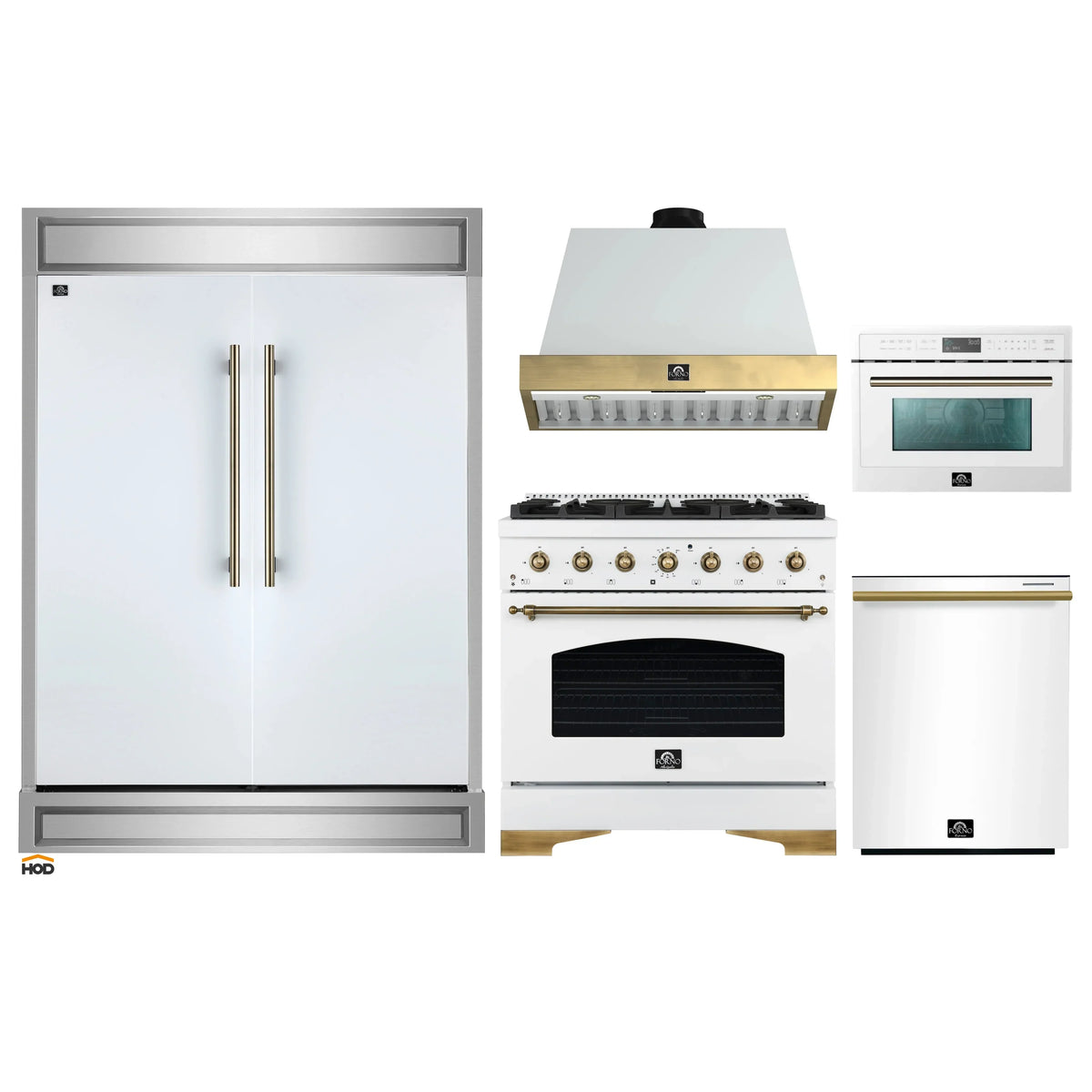 Forno 5-Piece Appliance Package - 36-Inch Antico Dual Fuel Range, Wall Mount Range Hood, 60-Inch Refrigerator, Dishwasher, & 24-Inch Microwave Oven in White with Antique Brass Trim