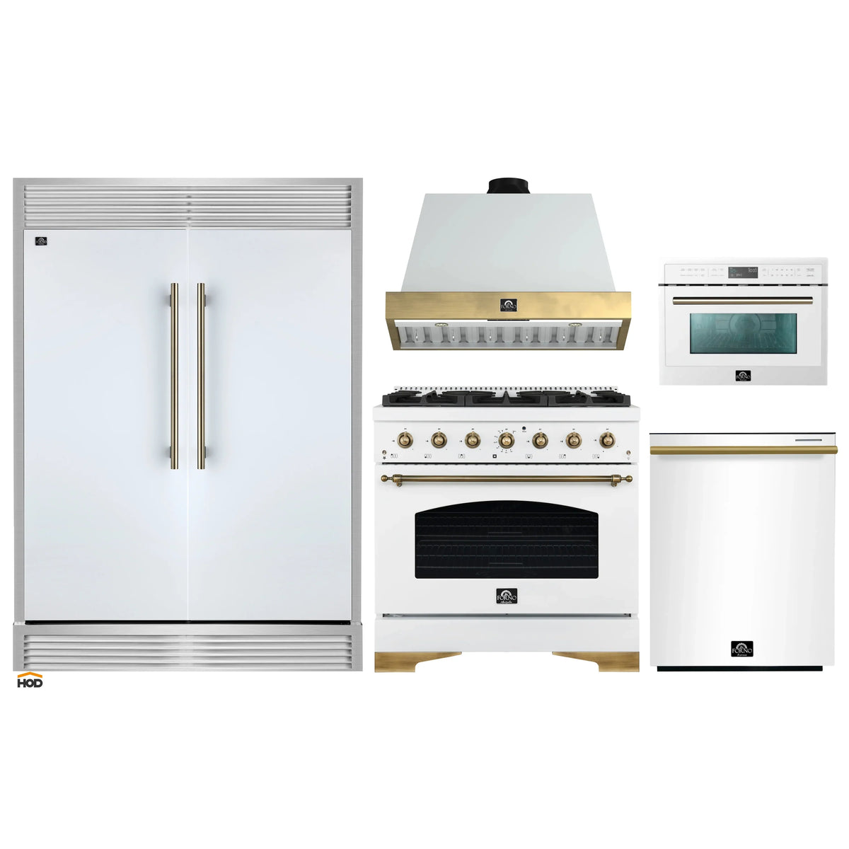 Forno 5-Piece Appliance Package - 36-Inch Antico Dual Fuel Range, Wall Mount Range Hood, 60-Inch Refrigerator, Dishwasher, & 24-Inch Microwave Oven in White with Antique Brass Trim