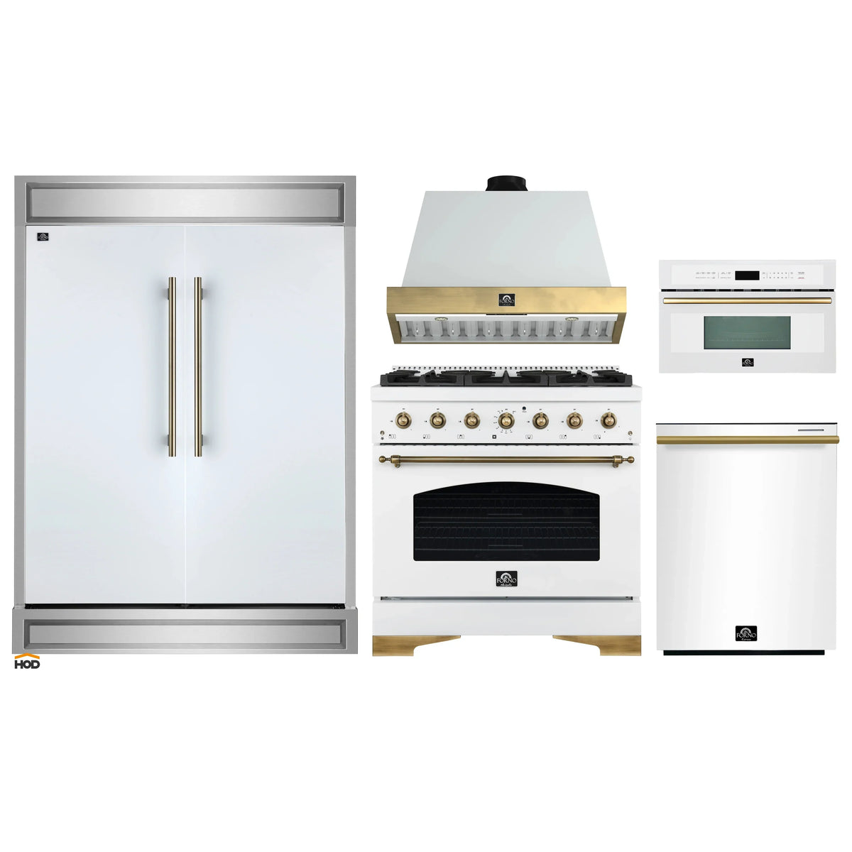 Forno 5-Piece Appliance Package - 36-Inch Antico Dual Fuel Range, Wall Mount Range Hood, 60-Inch Refrigerator, Dishwasher, & 30-Inch Microwave Oven in White with Antique Brass Trim