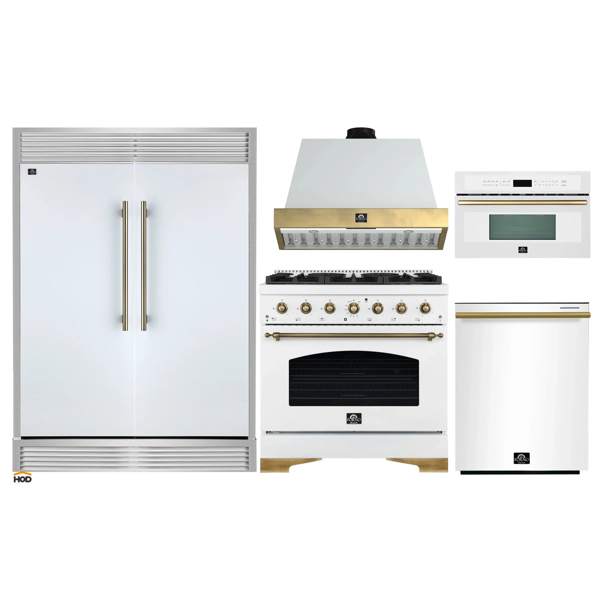 Forno 5-Piece Appliance Package - 36-Inch Antico Dual Fuel Range, Wall Mount Range Hood, 60-Inch Refrigerator, Dishwasher, & 30-Inch Microwave Oven in White with Antique Brass Trim