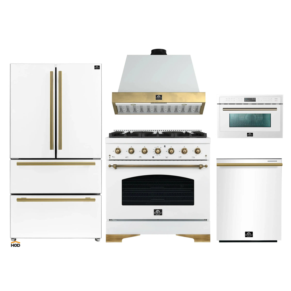 Forno Antico 5-Piece Appliance Package - 36-Inch Dual Fuel Range, 36-Inch Hood, 36-Inch Refrigerator, 24-Inch Dishwasher, & 30-Inch Microwave Oven in White with Antique Brass Trim