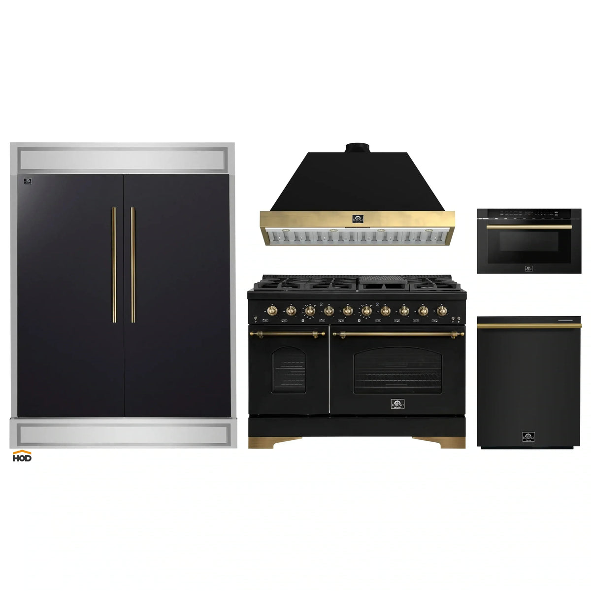 Forno 5-Piece Appliance Package - 48-Inch Dual Fuel Range, 60-Inch Convertible Refrigerator with Modern Trim, Dishwasher, and 24-Inch Microwave Drawer in Black with Antique Brass Trim