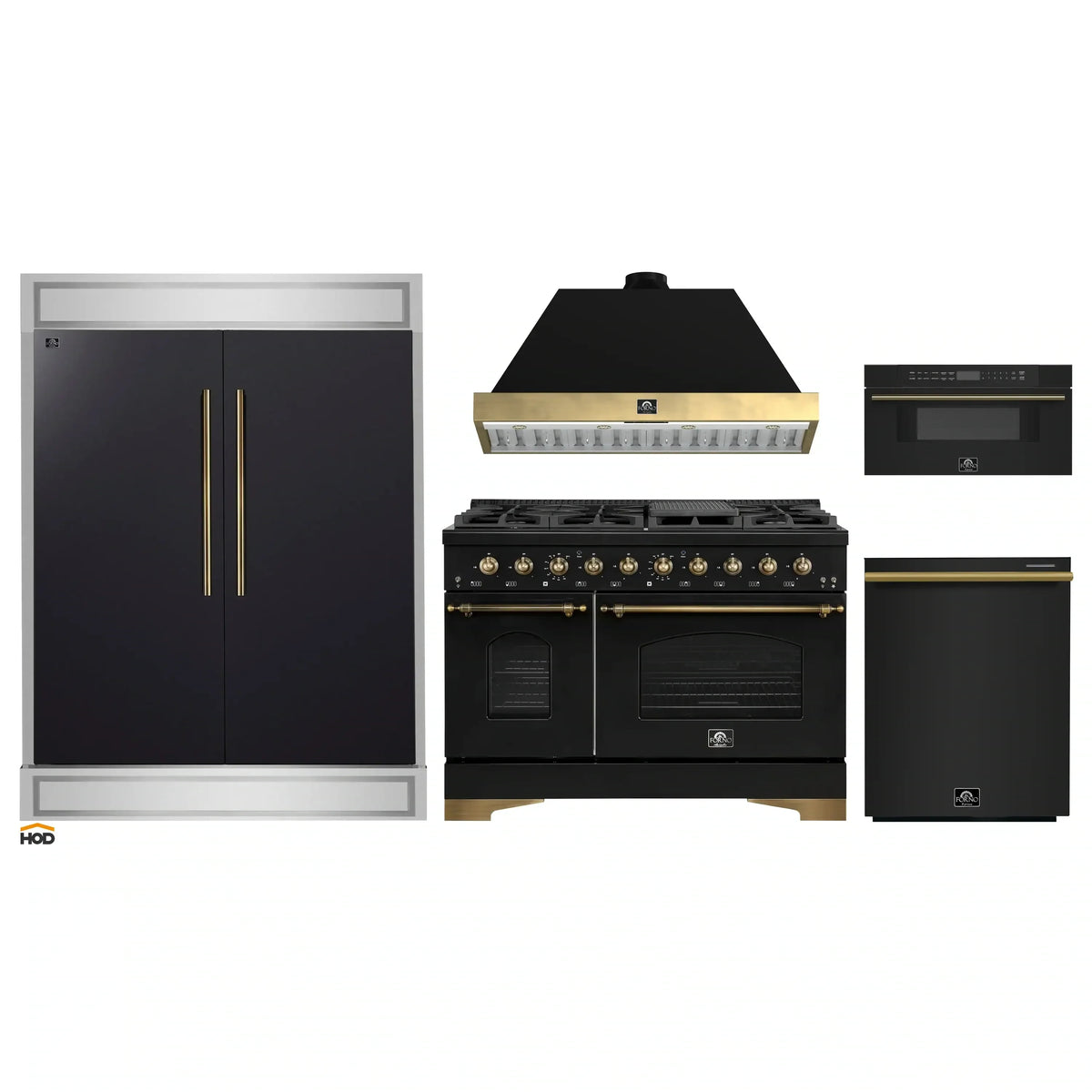 Forno 5-Piece Appliance Package - 48-Inch Dual Fuel Range, 60-Inch Convertible Refrigerator with Modern Trim, Dishwasher, and 30-Inch Microwave Drawer in Black with Antique Brass Trim