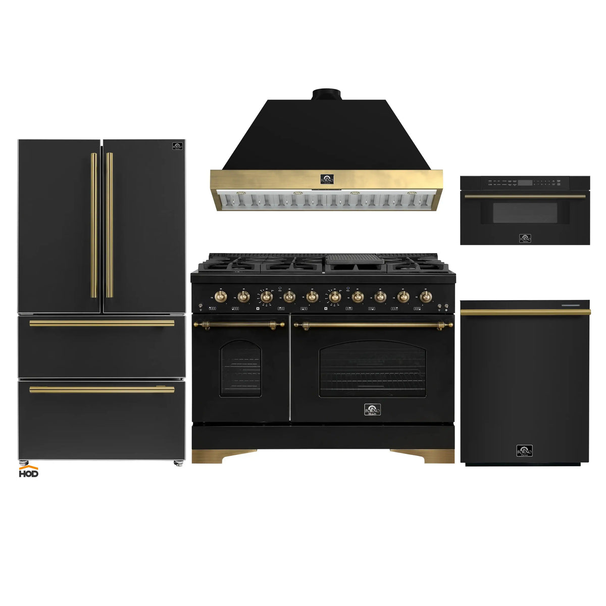 Forno Antico 5-Piece Appliance Package - 48-Inch Dual Fuel Range, 48-Inch Hood, 36-Inch Refrigerator, 24-Inch Dishwasher, & 30-Inch Microwave Drawer in Black with Antique Brass Trim