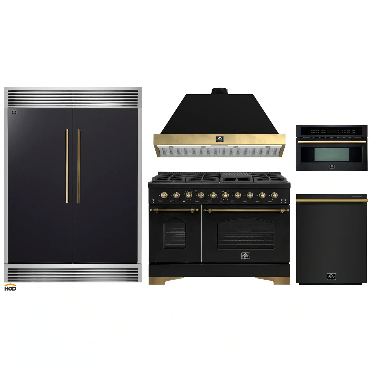 Forno 5-Piece Appliance Package - 48-Inch Dual Fuel Range, Hood, 60-Inch Convertible Refrigerator with Modern Grille Trim, Dishwasher, and 30-Inch Microwave Oven in Black with Antique Brass Trim