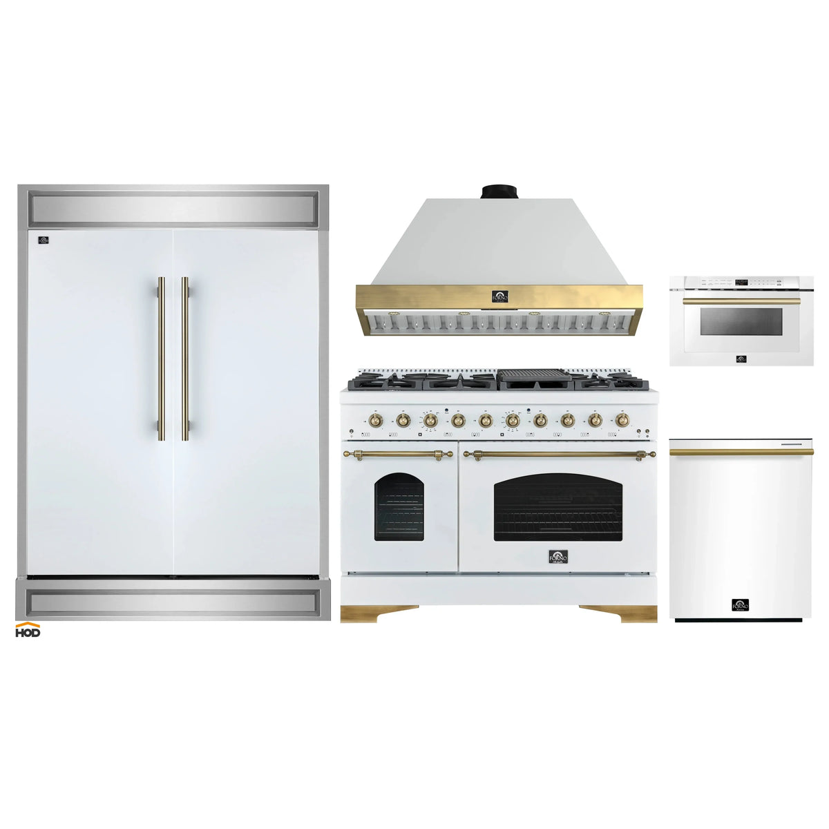 Forno 5-Piece Appliance Package - 48-Inch Dual Fuel Range, Wall Mount Range Hood, 60-Inch Refrigerator, Dishwasher, & 24-Inch Microwave Drawer in White with Antique Brass Trim