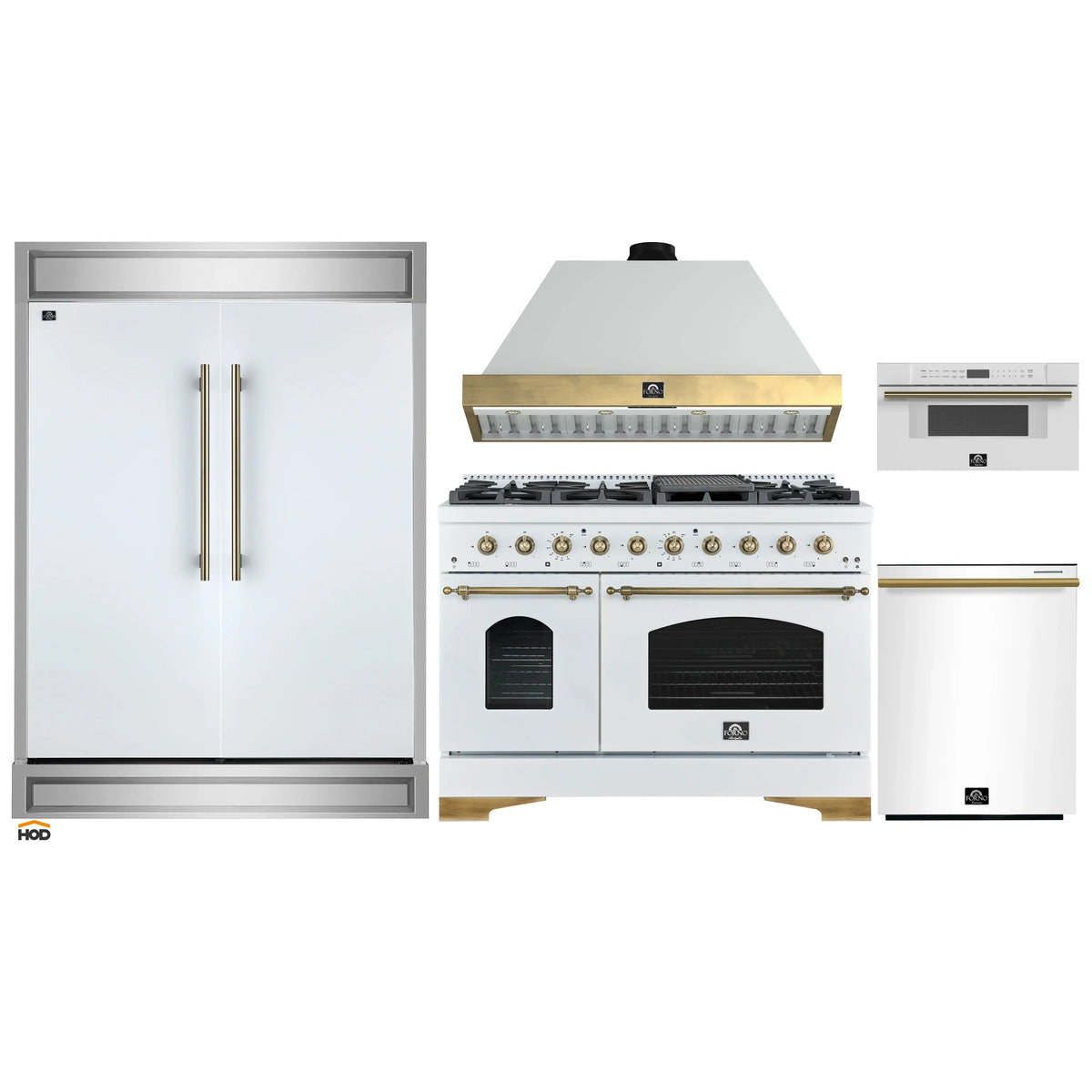Forno 5-Piece Appliance Package - 48-Inch Antico Dual Fuel Range, Wall Mount Range Hood, 60-Inch Refrigerator, Dishwasher, & 30-Inch Microwave Drawer in White with Antique Brass Trim