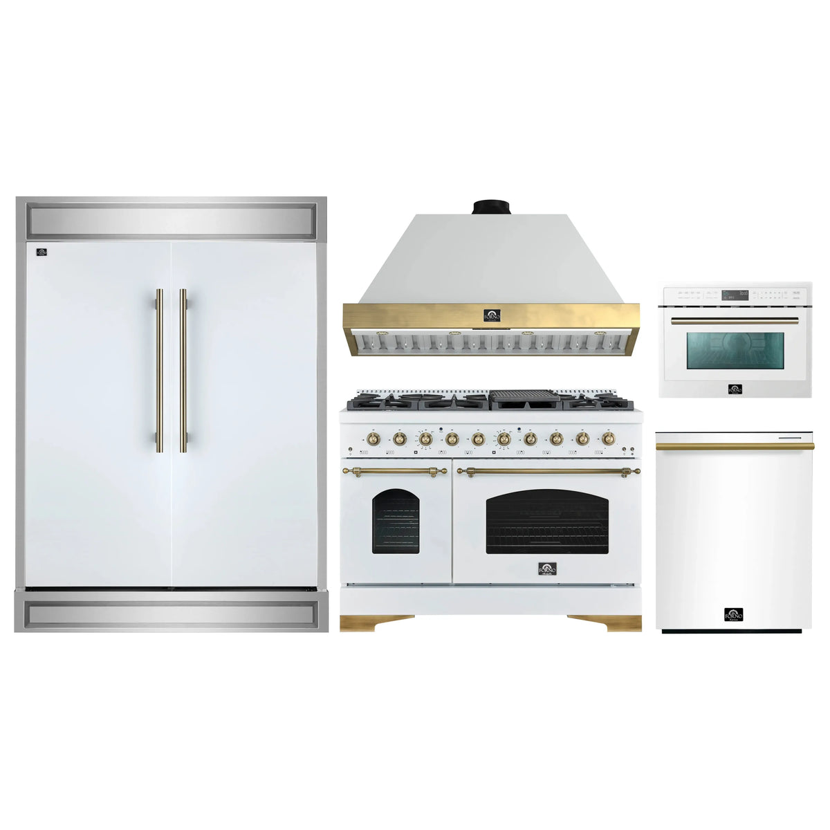 Forno 5-Piece Appliance Package - 48-Inch Antico Dual Fuel Range, Wall Mount Range Hood, 60-Inch Refrigerator, Dishwasher, & 24-Inch Microwave Oven in White with Antique Brass Trim