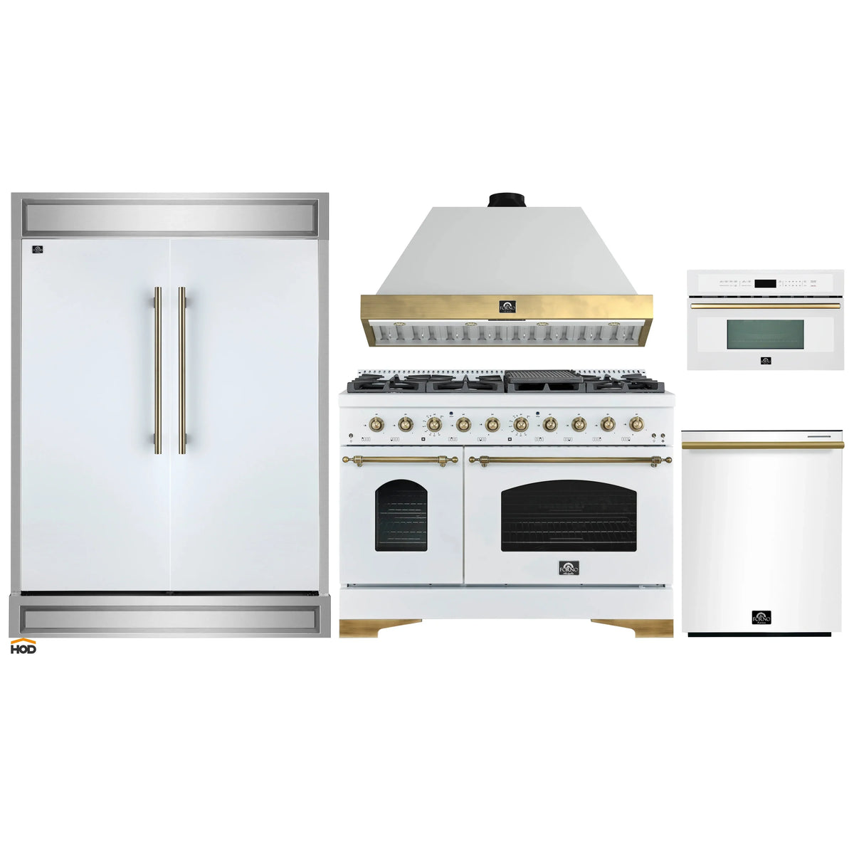 Forno 5-Piece Appliance Package - 48-Inch Antico Dual Fuel Range, Wall Mount Range Hood, 60-Inch Refrigerator, Dishwasher, & 30-Inch Microwave Oven in White with Antique Brass Trim