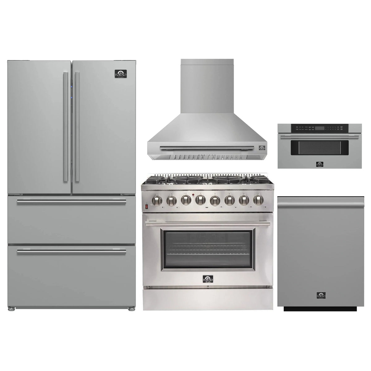 Forno 5-Piece Appliance Package - 36-Inch Dual Fuel Range, Wall Mount Range Hood, 36-Inch Refrigerator, Dishwasher, and 30-Inch Microwave Drawer in Stainless Steel