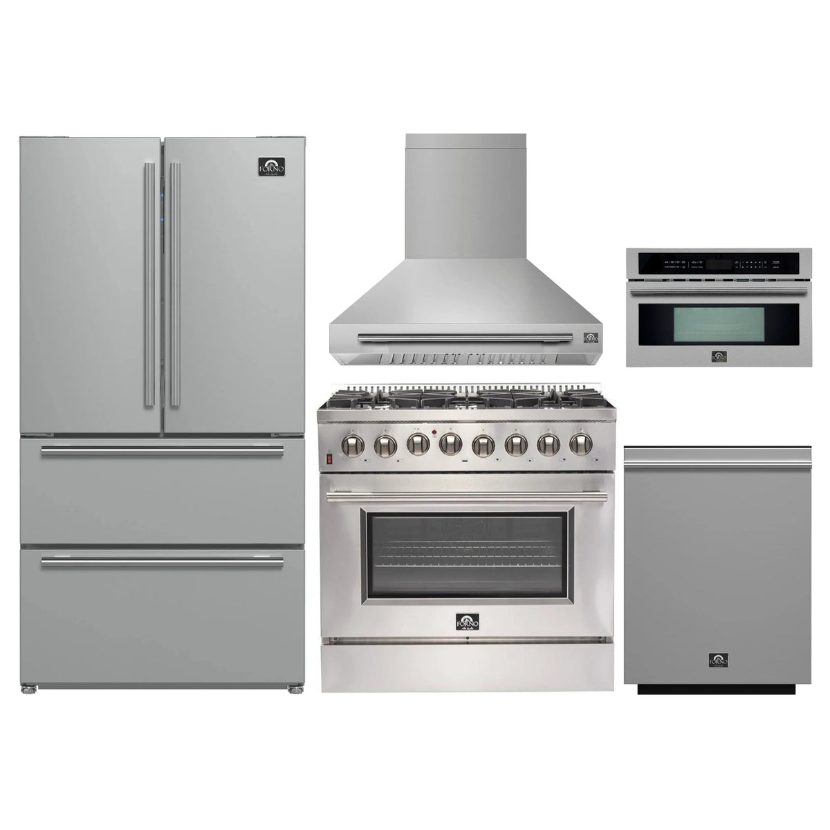 Forno 5-Piece Appliance Package - 36-Inch Dual Fuel Range, Wall Mount Range Hood, 36-Inch Refrigerator, Dishwasher, and 30-Inch Microwave Oven in Stainless Steel