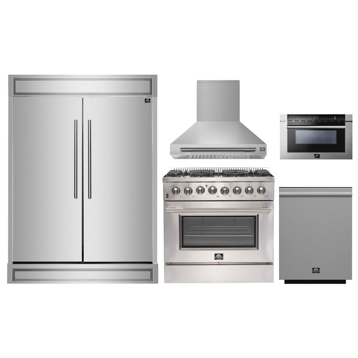 Forno 5-Piece Appliance Package - 36-Inch Dual Fuel Range, Wall Mount Range Hood, 60-Inch Refrigerator, Dishwasher, and 24-Inch Microwave Drawer in Stainless Steel