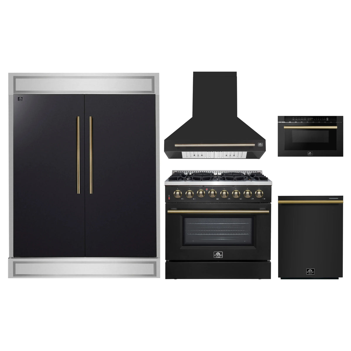 Forno 5-Piece Appliance Package - 36-Inch Dual Fuel Range, Wall Mount Range Hood, 60-Inch Refrigerator, Dishwasher, and 24-Inch Microwave Drawer in Black with Antique Brass Trim