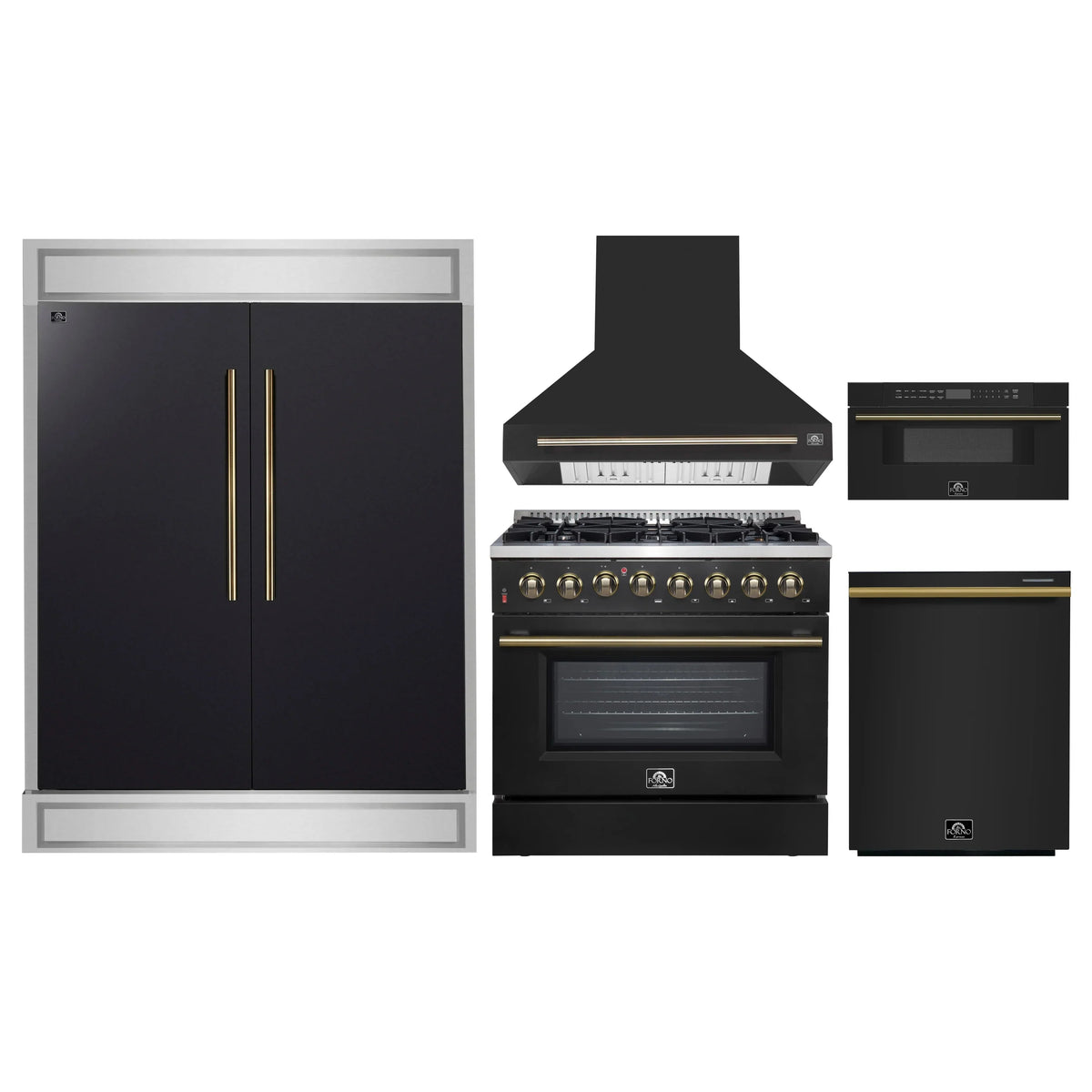 Forno 5-Piece Appliance Package - 36-Inch Dual Fuel Range, Wall Mount Range Hood, 60-Inch Refrigerator, Dishwasher, and 30-Inch Microwave Drawer in Black with Antique Brass Trim