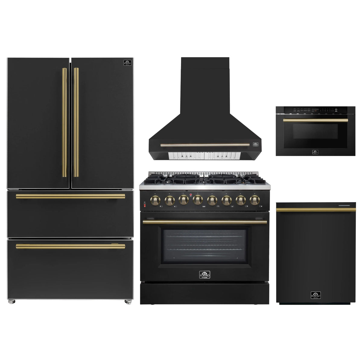 Forno 5-Piece Appliance Package - 36-Inch Dual Fuel Range, Wall Mount Range Hood, 36-Inch Refrigerator, Dishwasher, and 24-Inch Microwave Drawer in Black with Antique Brass Trim