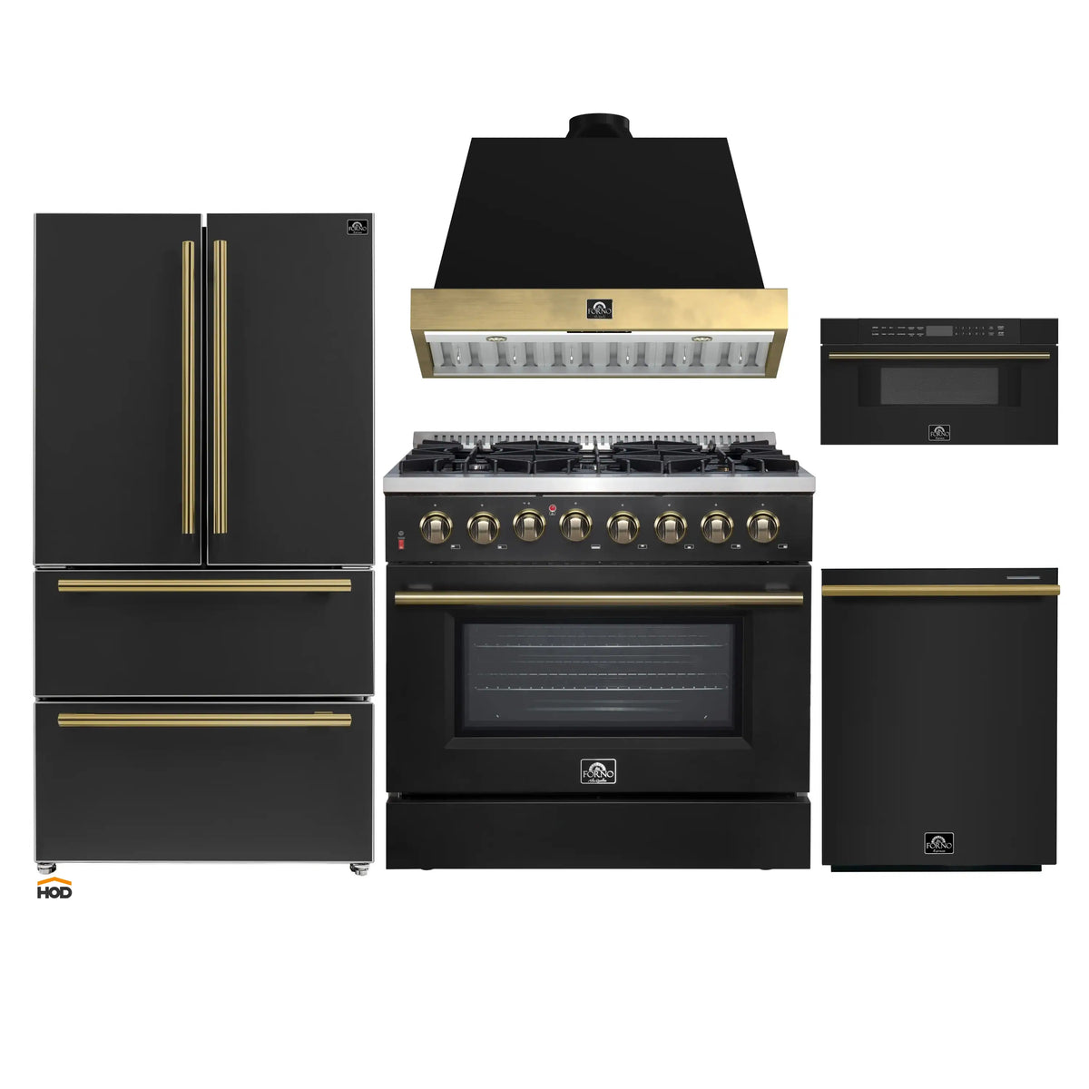 Forno Galiano 5-Piece Appliance Package - 36-Inch Dual Fuel Range, 36-Inch Hood, 36-Inch Refrigerator, 24-Inch Dishwasher, & 30-Inch Microwave Drawer in Black with Antique Brass Trim