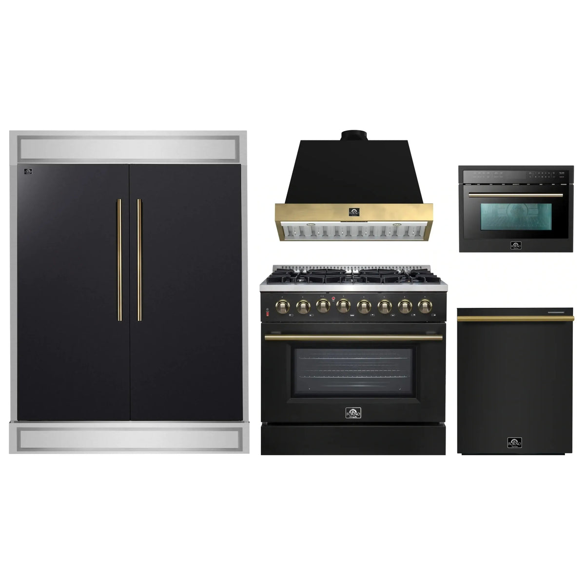Forno 5-Piece Appliance Package - 36-Inch Dual Fuel Range, Wall Mount Range Hood, 60-Inch Convertible Refrigerator with Modern Trim, Dishwasher, and 24-Inch Microwave Oven in Black with Antique Brass Trim