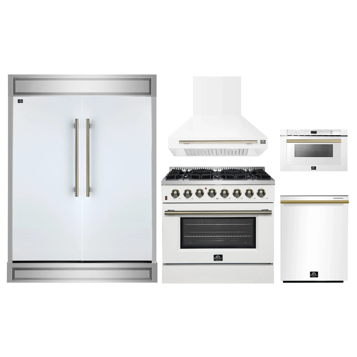 Forno 5-Piece Appliance Package - 36-Inch Dual Fuel Range, Wall Mount Range Hood, 60-Inch Refrigerator, Dishwasher, and 24-Inch Microwave Drawer in White with Antique Brass Trim