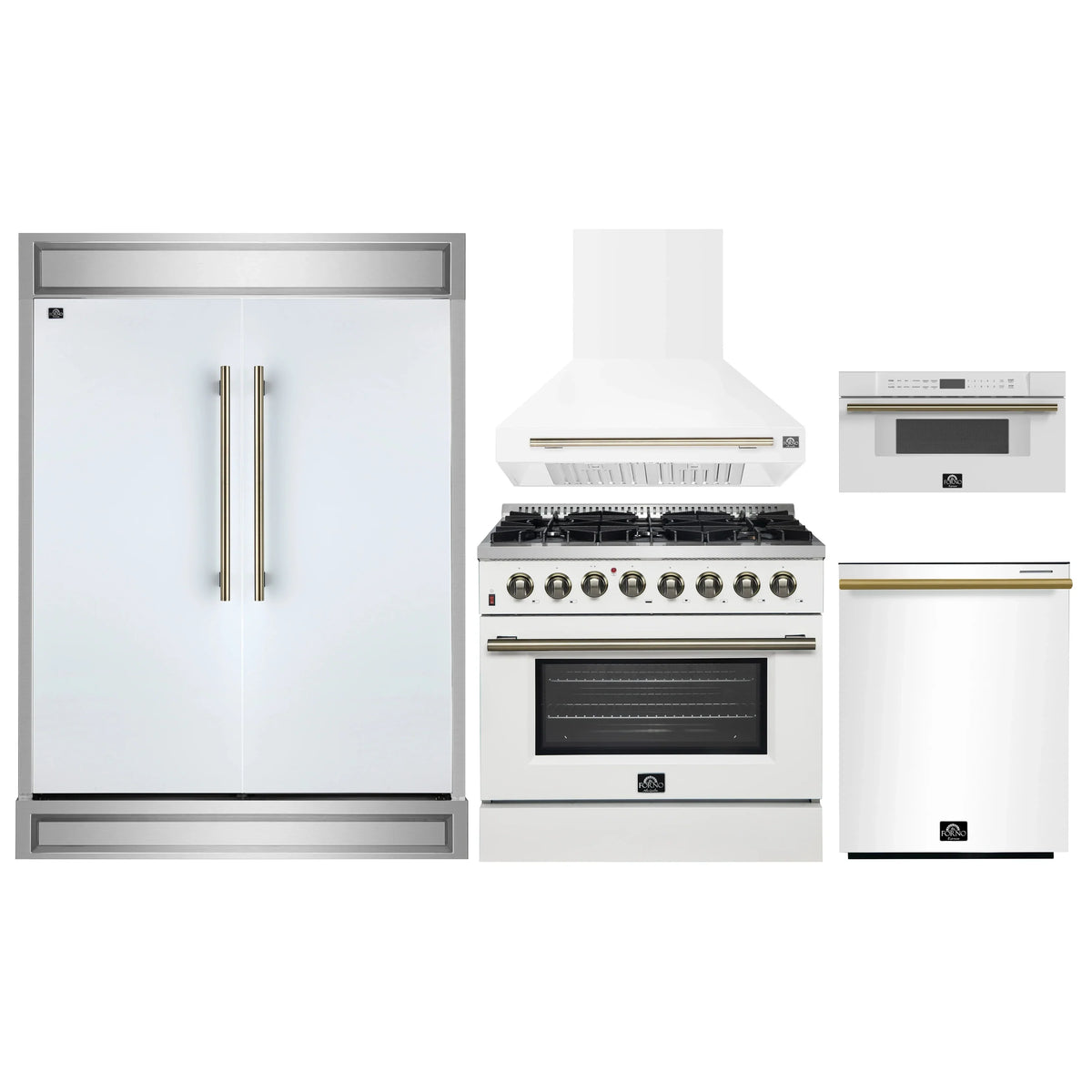 Forno 5-Piece Appliance Package - 36-Inch Dual Fuel Range, Wall Mount Range Hood, 60-Inch Refrigerator, Dishwasher, and 30-Inch Microwave Drawer in White with Antique Brass Trim
