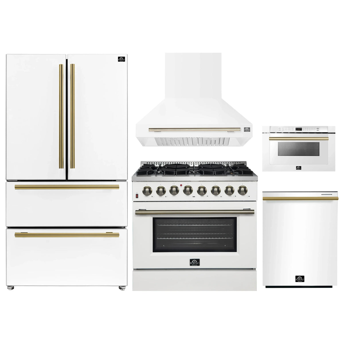 Forno 5-Piece Appliance Package - 36-Inch Dual Fuel Range, Wall Mount Range Hood, 36-Inch Refrigerator, Dishwasher, and 24-Inch Microwave Drawer in White with Antique Brass Trim