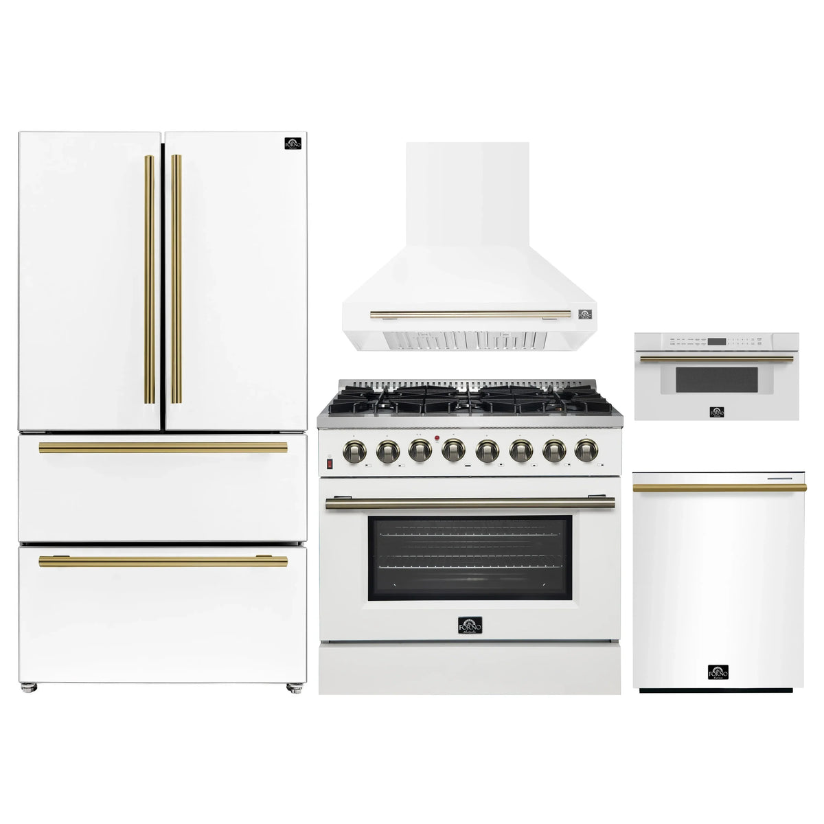 Forno 5-Piece Appliance Package - 36-Inch Dual Fuel Range, Wall Mount Range Hood, 36-Inch Refrigerator, Dishwasher, and 30-Inch Microwave Drawer in White with Antique Brass Trim