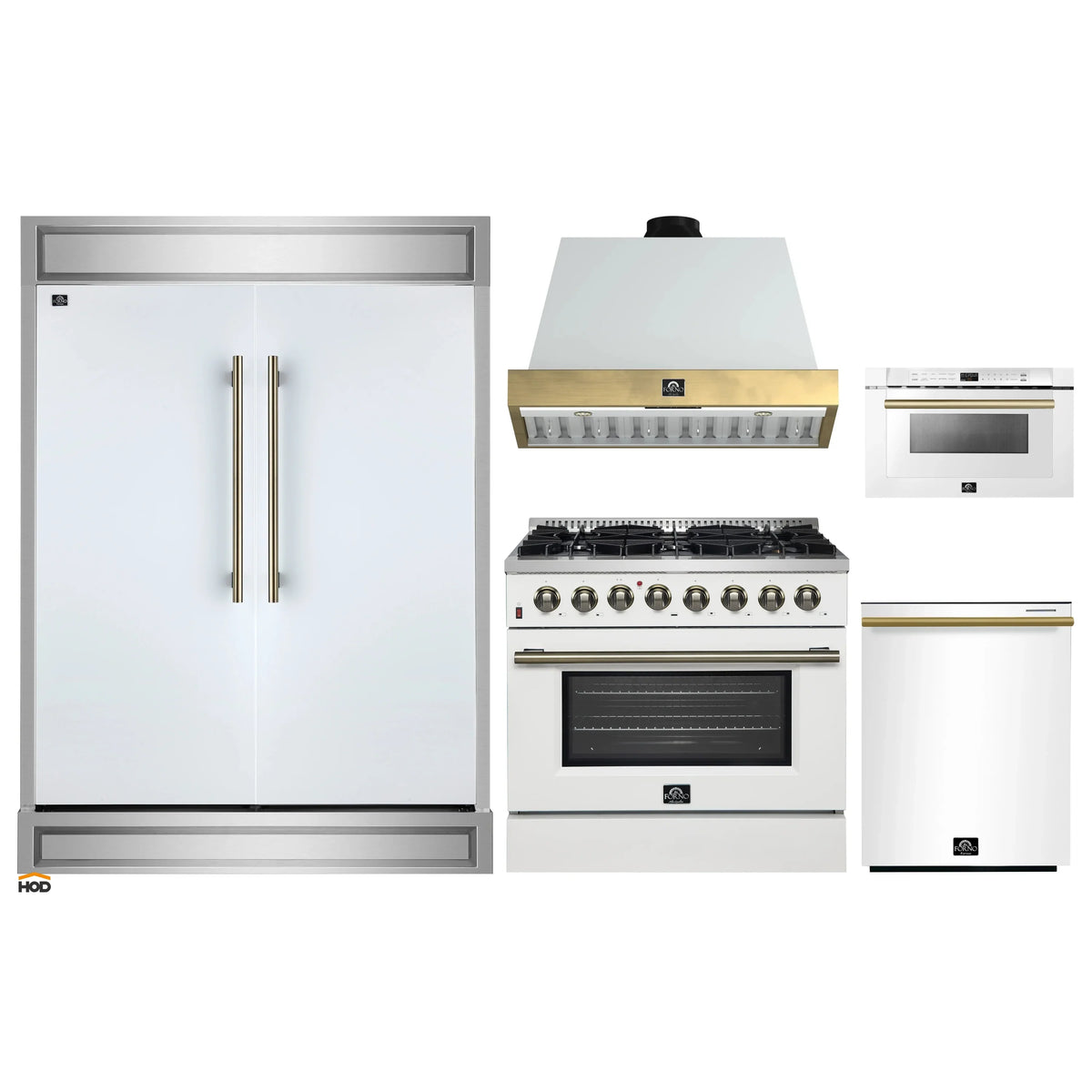 Forno 5-Piece Appliance Package - 36-Inch Dual Fuel Range, Wall Mount Range Hood, 60-Inch Refrigerator, Dishwasher, & 24-Inch Microwave Drawer in White with Antique Brass Trim