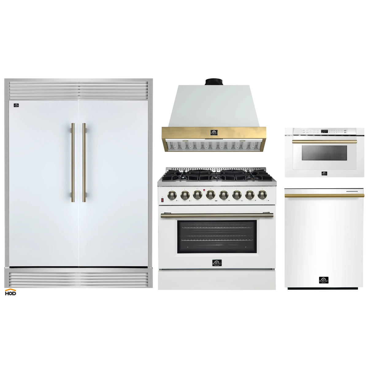 Forno 5-Piece Appliance Package - 36-Inch Galiano Dual Fuel Range, Wall Mount Range Hood, 60-Inch Refrigerator, Dishwasher, & 24-Inch Microwave Drawer in White with Antique Brass Trim