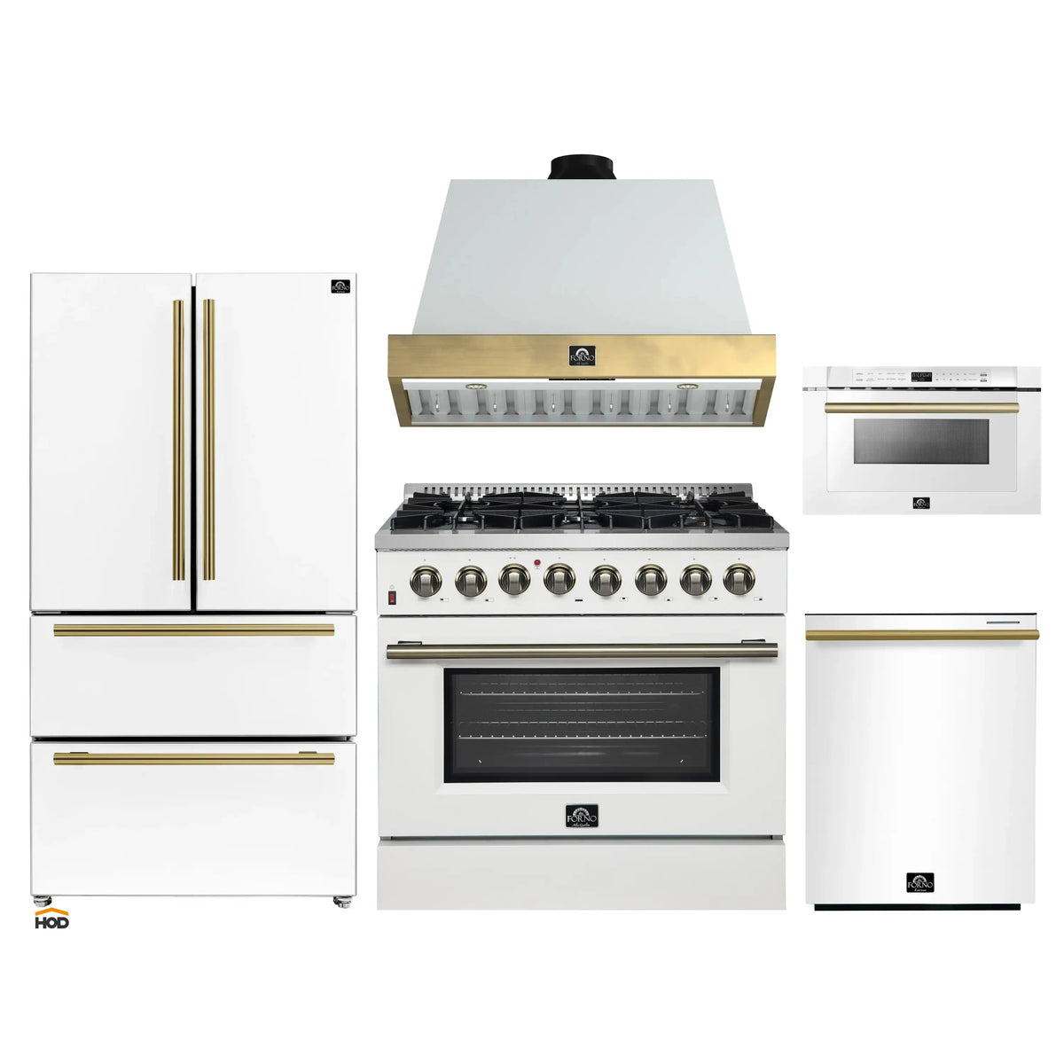 Forno Galiano 5-Piece Appliance Package - 36-Inch Dual Fuel Range, 36-Inch Hood, 36-Inch Refrigerator, 24-Inch Dishwasher, & 24-Inch Microwave Drawer in White with Antique Brass Trim