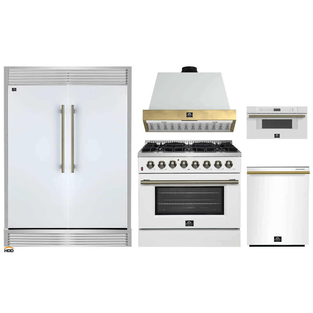 Forno 5-Piece Appliance Package - 36-Inch Galiano Dual Fuel Range, Wall Mount Range Hood, 60-Inch Refrigerator, Dishwasher, & 30-Inch Microwave Drawer in White with Antique Brass Trim