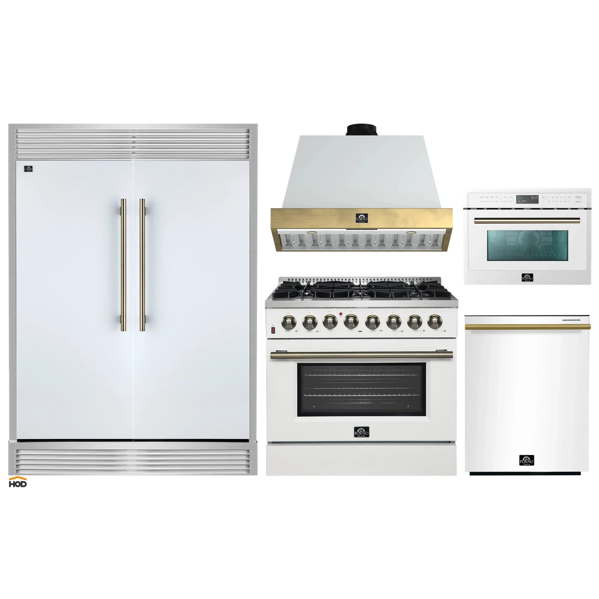 Forno 5-Piece Appliance Package - 36-Inch Galiano Dual Fuel Range, Wall Mount Range Hood, 60-Inch Refrigerator, Dishwasher, & 24-Inch Microwave Oven in White with Antique Brass Trim