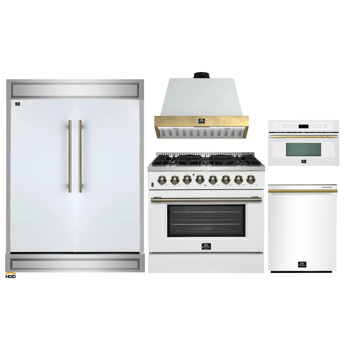 Forno 5-Piece Appliance Package - 36-Inch Dual Fuel Range, Wall Mount Range Hood, 60-Inch Refrigerator, Dishwasher, & 30-Inch Microwave Oven in White with Antique Brass Trim