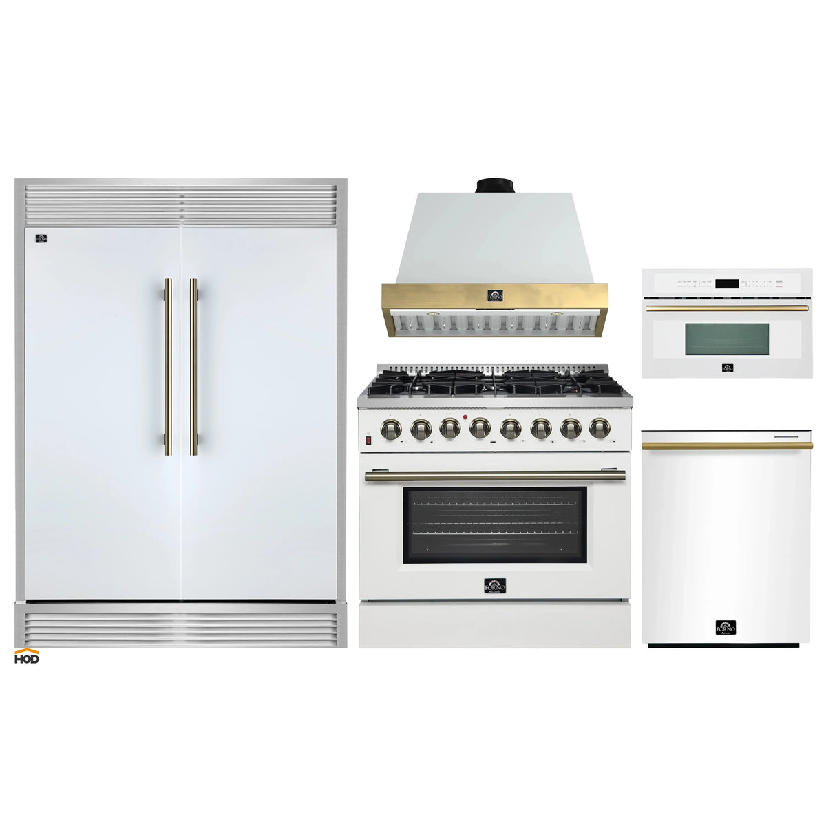 Forno 5-Piece Appliance Package - 36-Inch Galiano Dual Fuel Range, Wall Mount Range Hood, 60-Inch Refrigerator, Dishwasher, & 30-Inch Microwave Oven in White with Antique Brass Trim