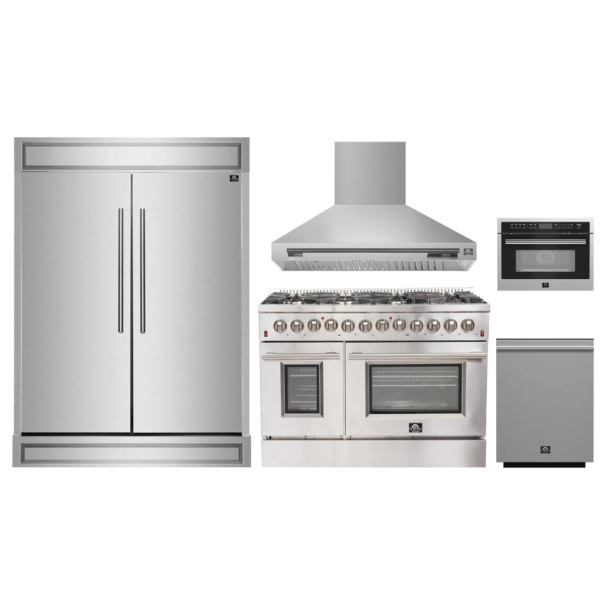 Forno 5-Piece Appliance Package - 48-Inch Dual Fuel Range, Wall Mount Range Hood, 60-Inch Refrigerator, Dishwasher, and 24-Inch Microwave Oven in Stainless Steel