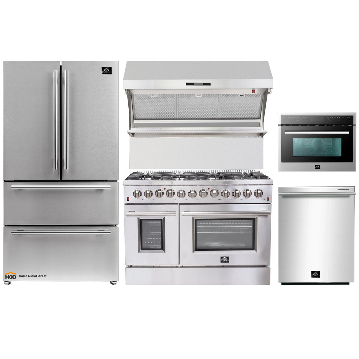 Forno 5-Piece Appliance Package - 48-Inch Dual Fuel Range, Refrigerator, Wall Mount Hood with Backsplash, 24-Inch Microwave Oven, & 3-Rack Dishwasher in Stainless Steel