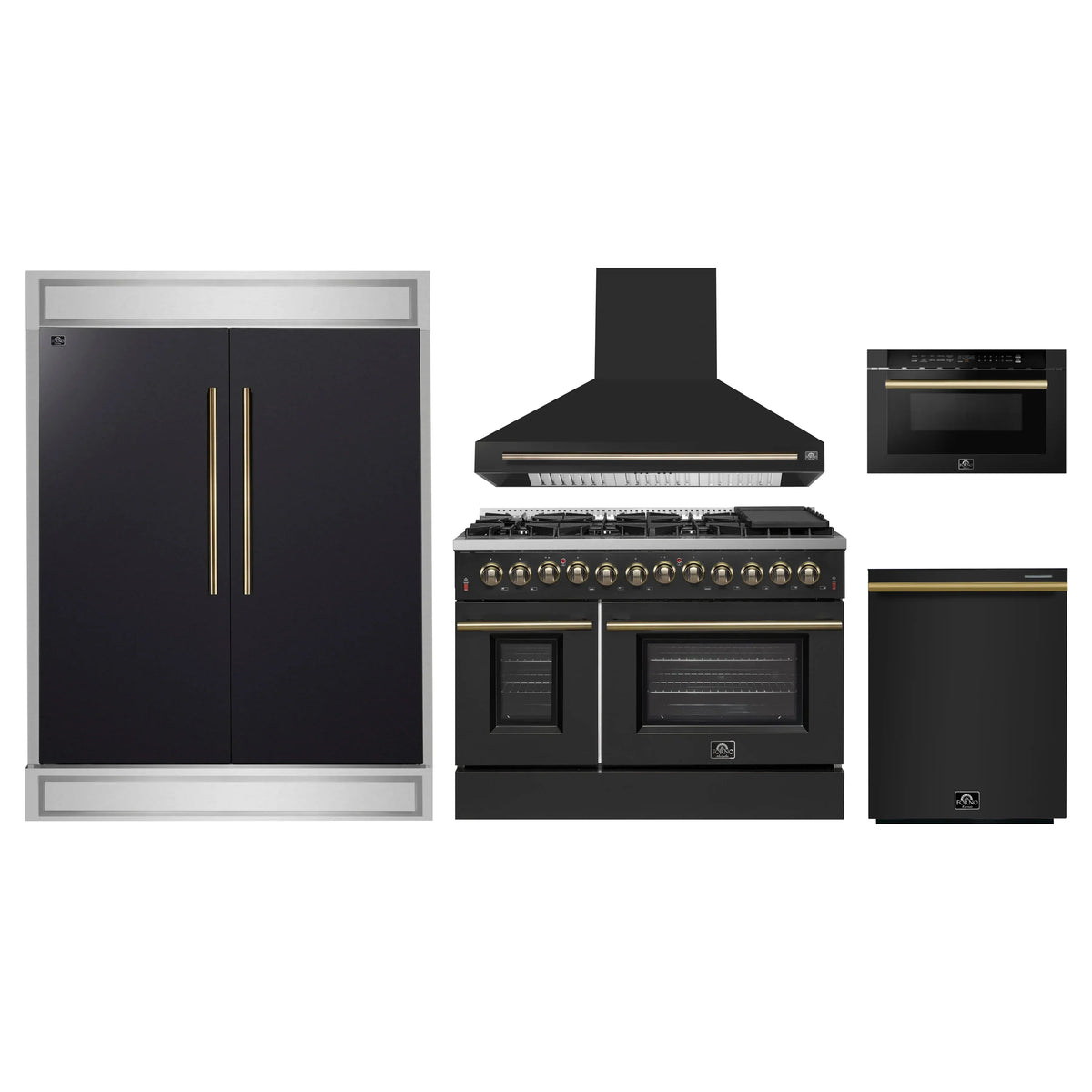 Forno 5-Piece Appliance Package - 48-Inch Dual Fuel Range, Wall Mount Range Hood, 60-Inch Refrigerator, Dishwasher, and 24-Inch Microwave Drawer in Black with Antique Brass Trim